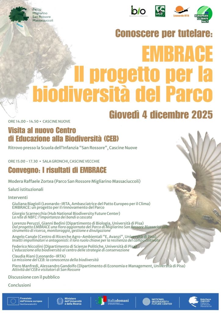 Locandina di invito alla presentazione del progetto EMBRACE, 4 dicembre 2025 al Parco di San Rossore Migliarino Massaciuccoli